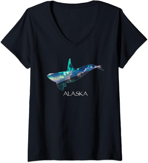 Womens Alaska Orca Whale V-Neck T-Shirt