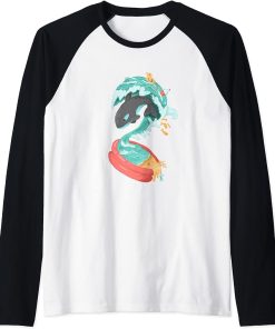 Orca Tsunami Inflatable Pool Save Ocean Wildlife Surrealism Raglan Baseball Tee