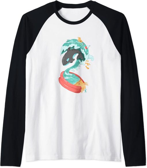 Orca Tsunami Inflatable Pool Save Ocean Wildlife Surrealism Raglan Baseball Tee