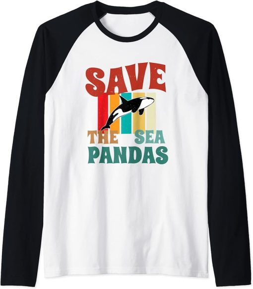 Retro Vintage Style - Save The Sea Pandas - I Love Orca Raglan Baseball Tee