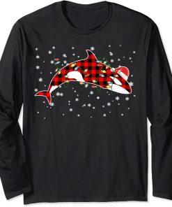 Red Plaid Buffalo Orca Christmas Pajamas Family Xmas Lights Long Sleeve T-Shirt