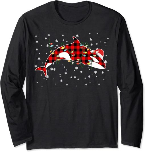 Red Plaid Buffalo Orca Christmas Pajamas Family Xmas Lights Long Sleeve T-Shirt