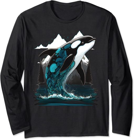 Colourful mystical orca whale watching dolphin pottwhale orca whale Long Sleeve T-Shirt