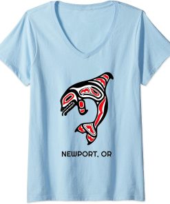 Womens Newport, Oregon Native American Orca Killer Whales V-Neck T-Shirt