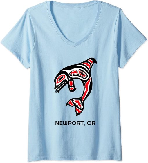 Womens Newport, Oregon Native American Orca Killer Whales V-Neck T-Shirt